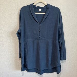 Poetry Linen Tunic Top‎ Womens 10 Blue Shawl Collar Pockets Lagenlook Coastal